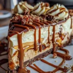 Delicious Caramel Chocolate Coffee Cheesecake topped with drizzled caramel and chocolate