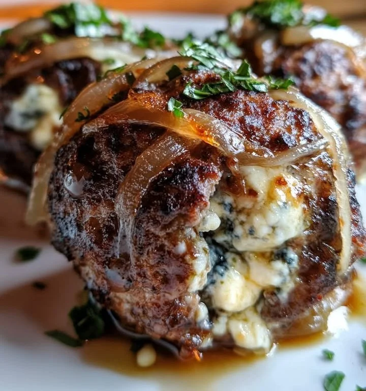 Caramelized onion and blue cheese stuffed meatballs on a plate