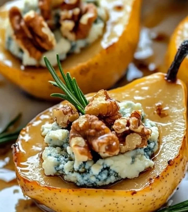 Deliciously caramelized pears topped with blue cheese and walnuts