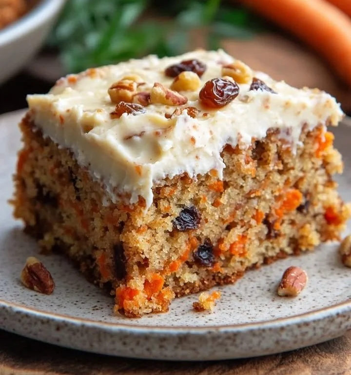 Carrot Raisin Oatmeal Yogurt Cake topped with fresh raisins and carrots