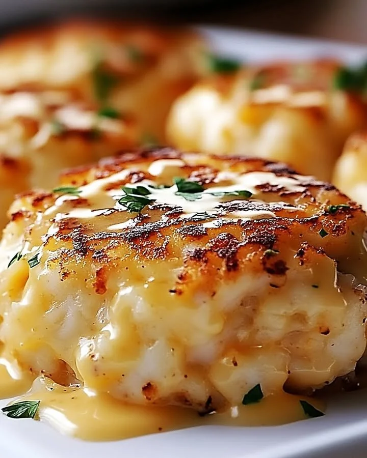 Delicious Cheddar Bay crab cakes topped with lemon butter drizzle