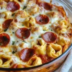 Cheese Tortellini Pepperoni Pizza Casserole topped with melted cheese
