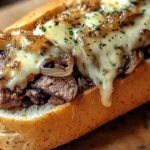 Delicious cheesesteak on garlic parmesan bread garnished with fresh herbs