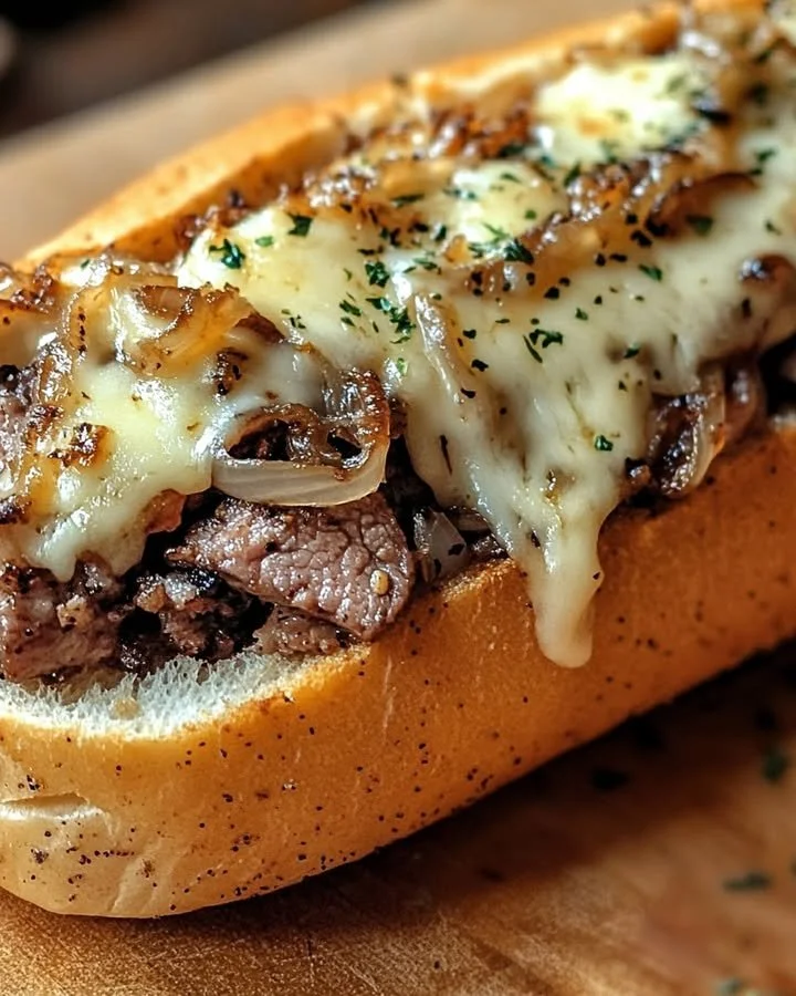 Delicious cheesesteak on garlic parmesan bread garnished with fresh herbs