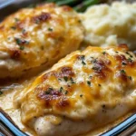 Cheesy baked ranch chicken served on a plate with herbs and side dishes