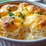 Cheesy Chicken Biscuit Casserole topped with golden biscuits and melted cheese