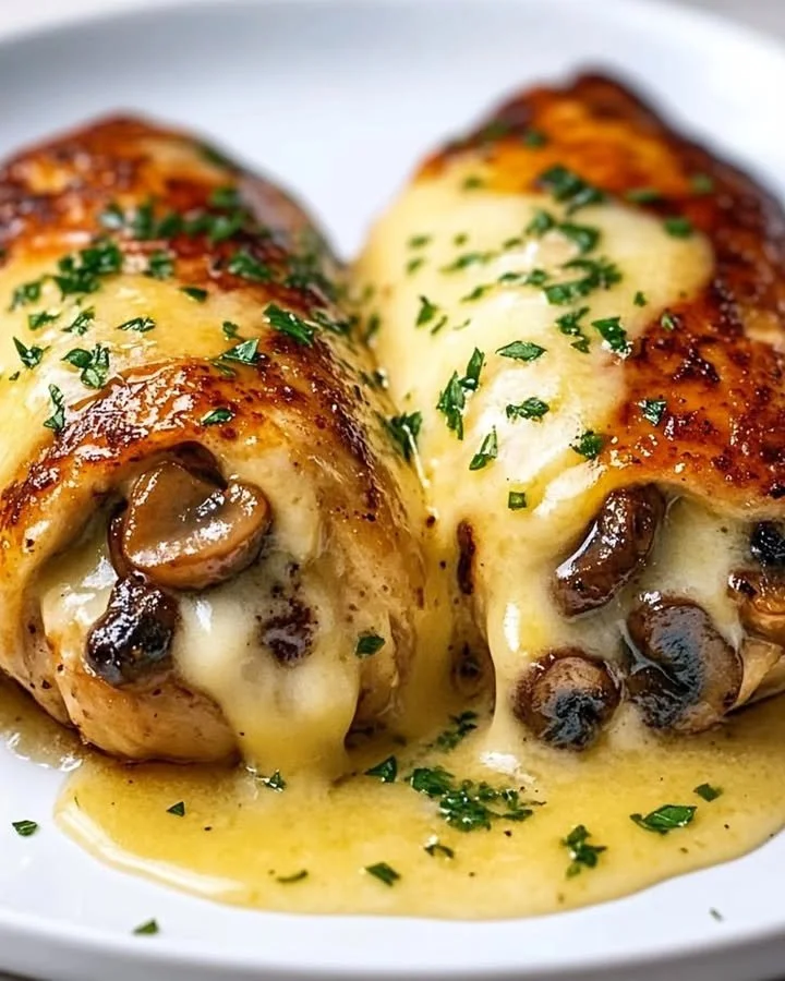 Cheesy garlic mushroom chicken rolls on a plate garnished with herbs
