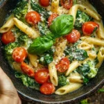 Delicious cheesy penne pasta with cherry tomatoes, spinach, and broccoli.