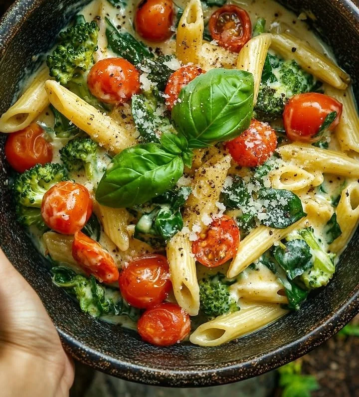 Delicious cheesy penne pasta with cherry tomatoes, spinach, and broccoli.