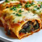 Cheesy vegan mushroom and spinach lasagna rolls ready to serve.