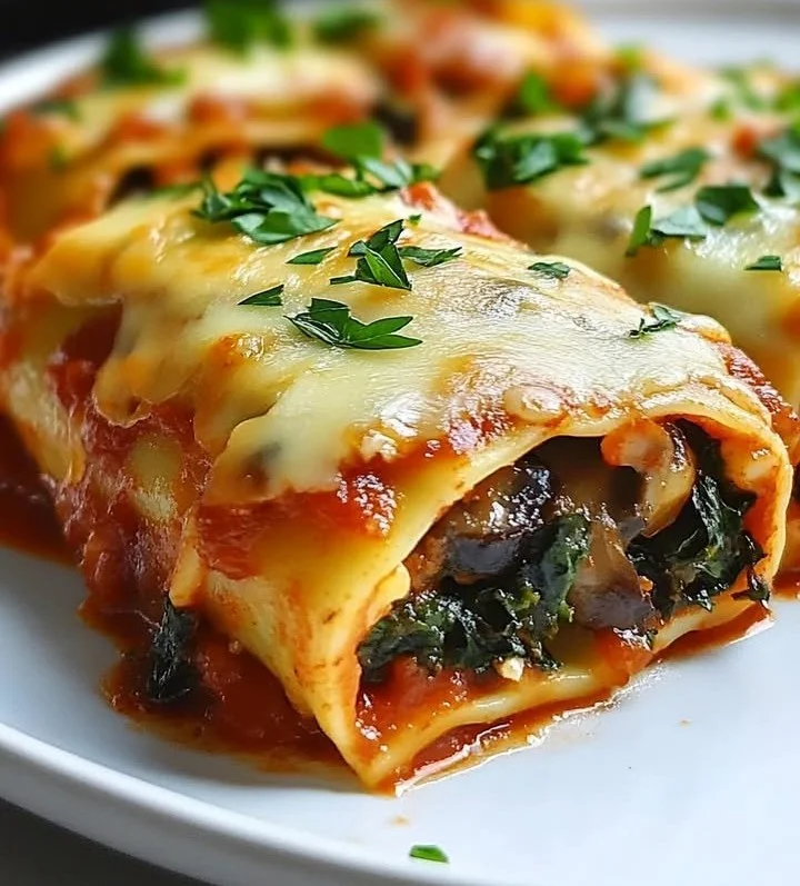 Cheesy vegan mushroom and spinach lasagna rolls ready to serve.