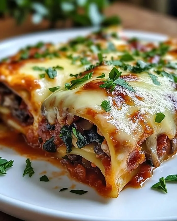 Cheesy vegan mushroom and spinach lasagna rolls plated elegantly
