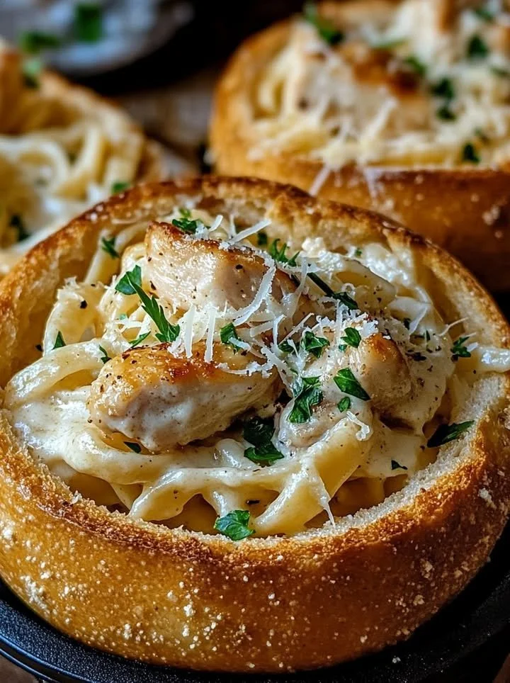 Delicious Chicken Alfredo served in garlic bread bowls
