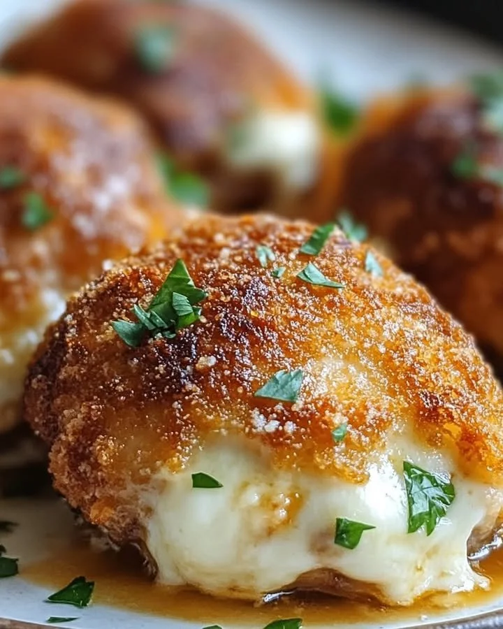 Chicken Parmesan stuffed with cream cheese, ready to be served.