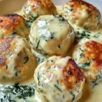 Chicken Ricotta Meatballs with Spinach Parmesan Sauce served on a plate