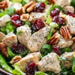Chicken salad with poppy seed dressing served in a bowl with fresh ingredients