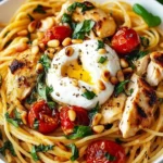 Creamy Chicken Spaghetti with Burrata Cheese served in a bowl