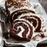 Chocolate Almond Cream Cake Roll with creamy almond filling and chocolate frosting