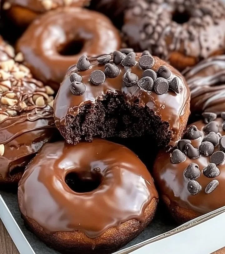 Delicious chocolate donuts topped with frosting and sprinkles