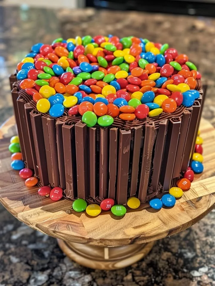 Chocolate M&M celebration cake with colorful candies on top