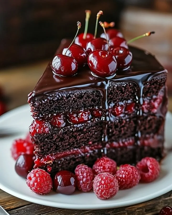 Decadent Chocolate Raspberry Truffle Cake decorated with fresh raspberries and chocolate shavings