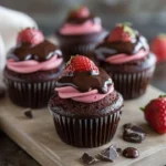 Decadent Chocolate Strawberry Cupcakes topped with fresh strawberries and chocolate icing