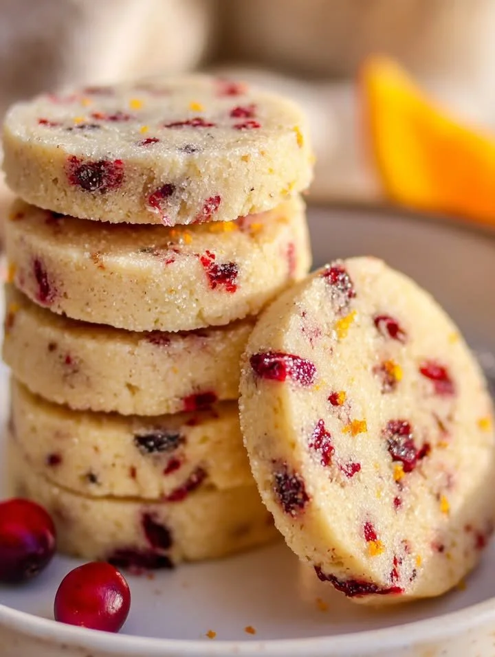 Citrus-kissed shortbread coins on a plate, showcasing their golden texture.