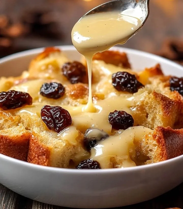Delicious classic New Orleans bread pudding served with a warm sauce