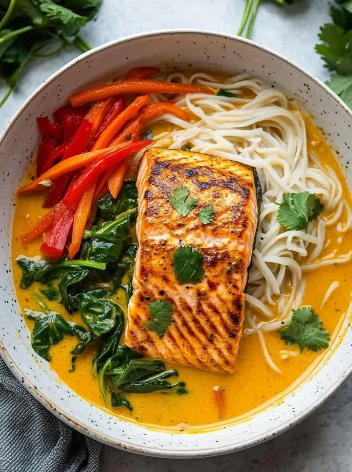 Delicious coconut curry salmon served over rice noodles