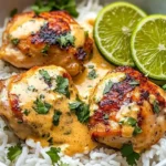 Coconut Lime Chicken served with rice and fresh lime slices
