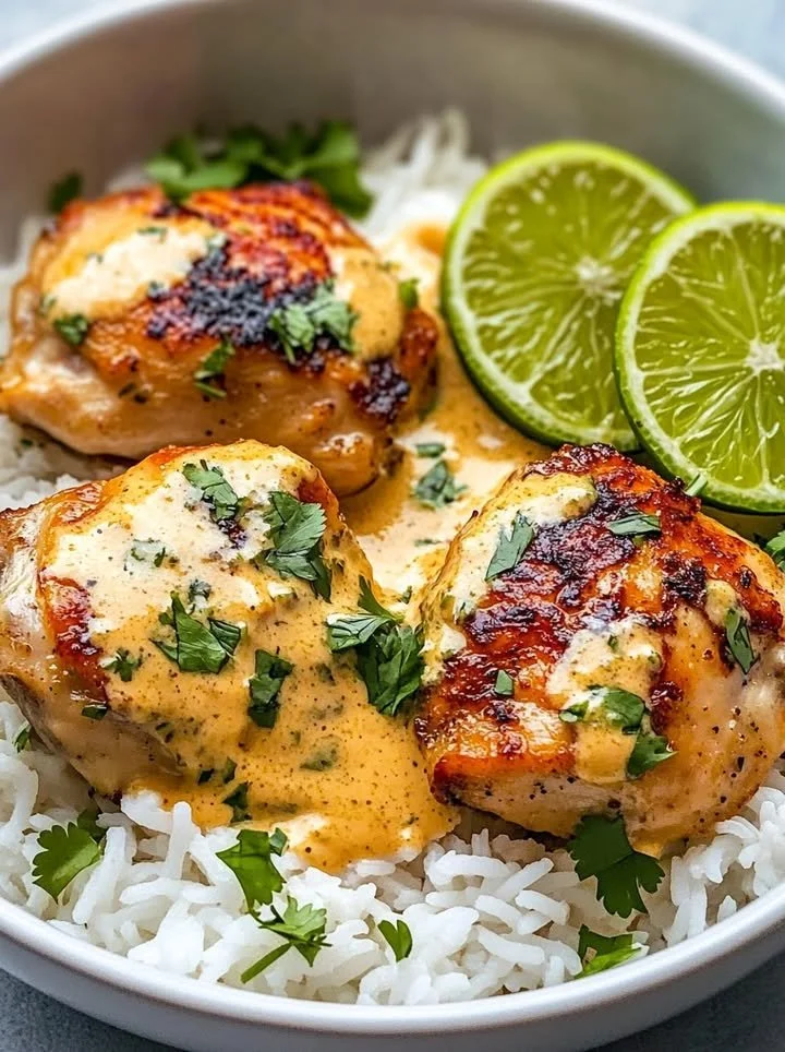 Coconut Lime Chicken served with rice and fresh lime slices