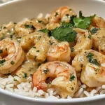 Plate of Coconut Lime Shrimp served with jasmine rice and garnished with lime.