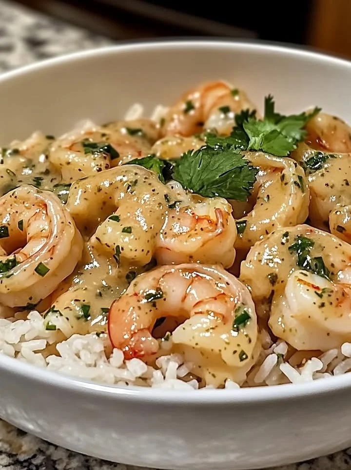 Plate of Coconut Lime Shrimp served with jasmine rice and garnished with lime.