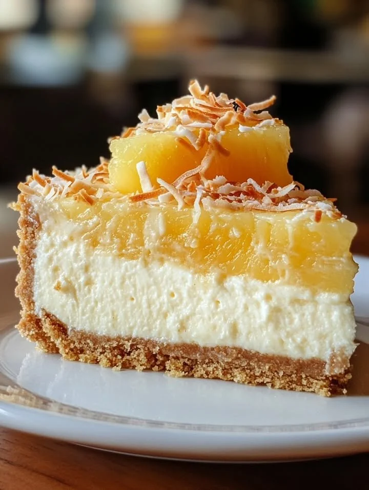 Delicious Coconut Pineapple Cheesecake topped with fresh pineapple slices and toasted coconut.