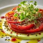 Confited tomato slices with zesty avocado-lime swirl served on a plate