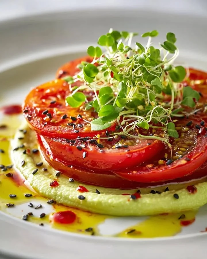 Confited tomato slices with zesty avocado-lime swirl served on a plate
