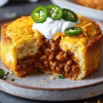 Delicious Cornbread Chili Pot Pie topped with golden cornbread crust
