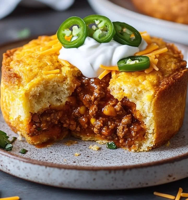 Delicious Cornbread Chili Pot Pie topped with golden cornbread crust