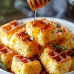 Delicious cornbread waffle bites topped with smoked Gouda and honey.