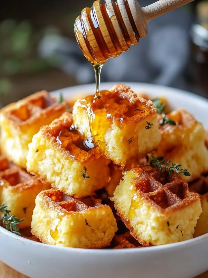 Delicious cornbread waffle bites topped with smoked Gouda and honey.