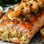 Crab and shrimp stuffed salmon served on a plate with garnish