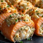 Crab and shrimp stuffed salmon garnished with herbs on a plate