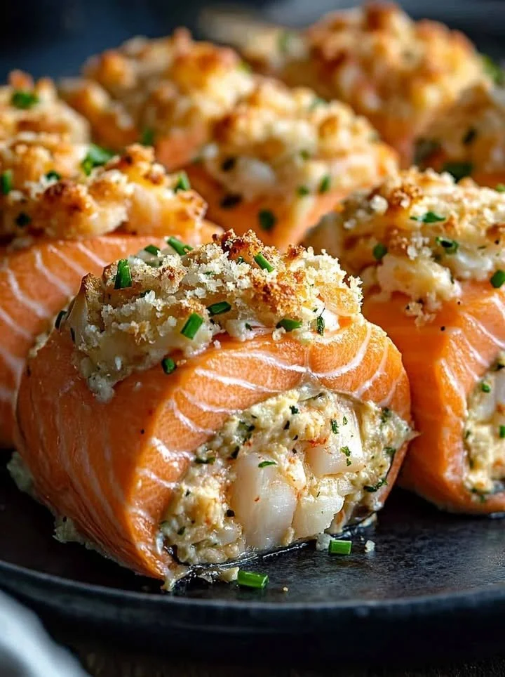 Crab and shrimp stuffed salmon garnished with herbs on a plate