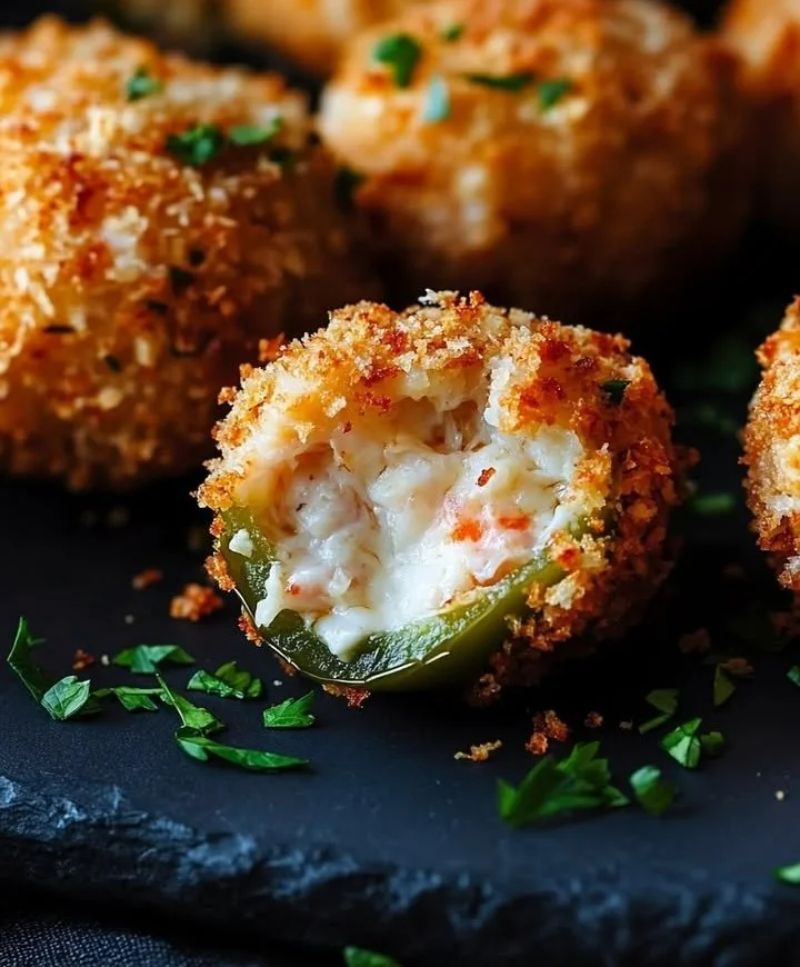Crab and cream cheese stuffed jalapeño poppers on a platter