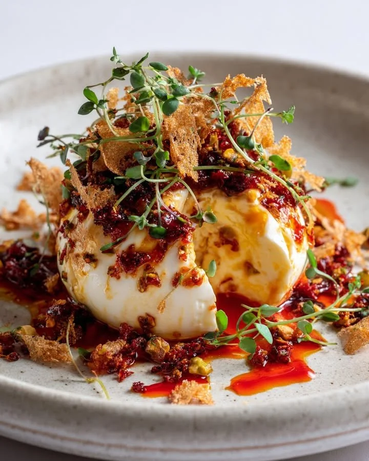 Cracked burrata drizzled with gochujang oil and topped with pistachio brittle
