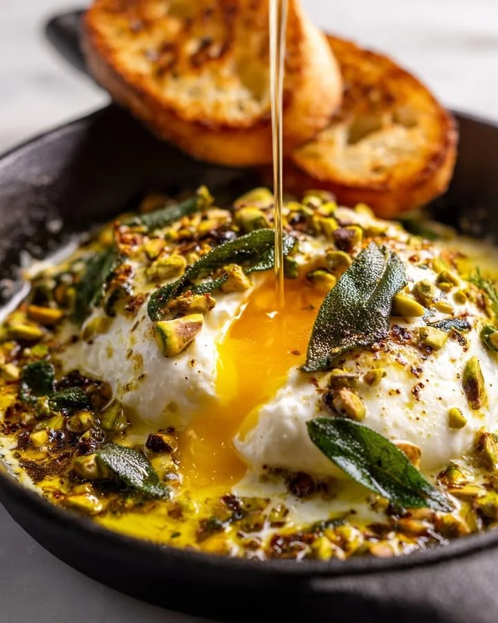 Cracked Pistachio Burrata Skillet with creamy burrata and pistachios