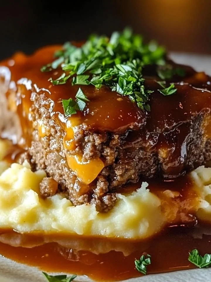 Delicious Cracker Barrel meatloaf served with mashed potatoes