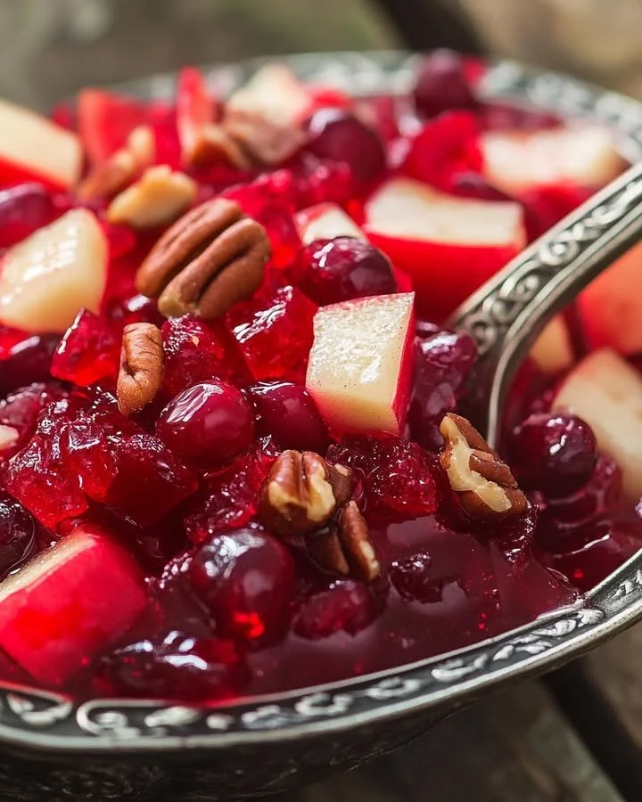 A vibrant bowl of Cranberry Apple Jello Salad garnished with fresh apple slices and cranberries.