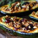 Cranberry and goat cheese stuffed zucchini boats on a serving plate