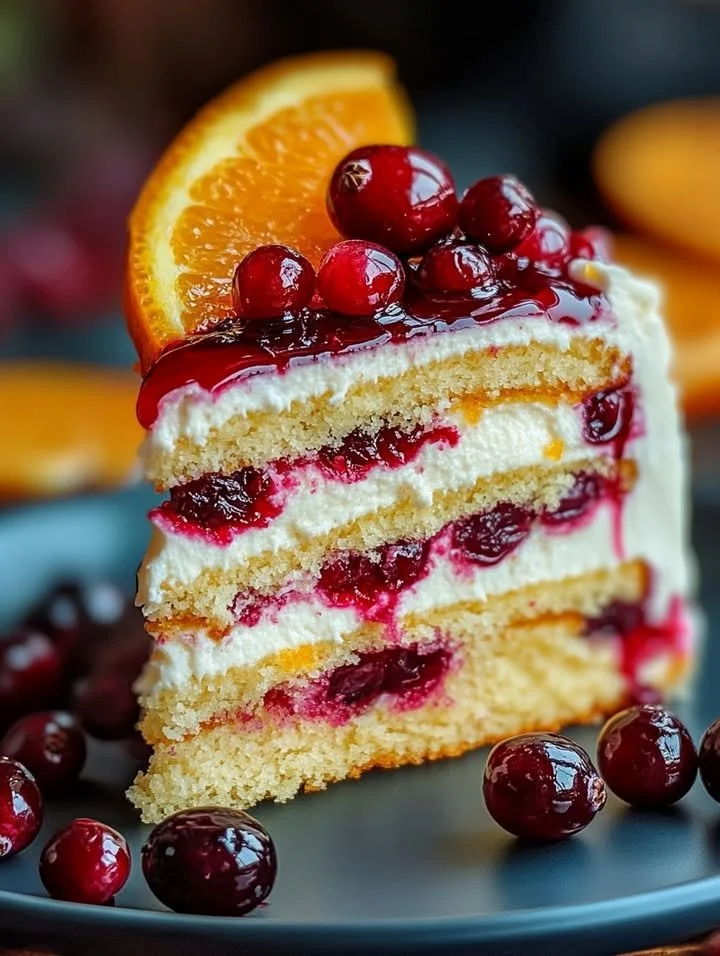 Cranberry Orange Drip Cake decorated with orange zest and cranberries